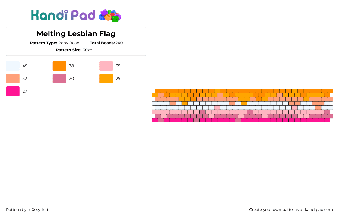 Melting Lesbian Flag - Pony Bead Pattern by m0ssy_k4t on Kandi Pad - lesbian,melting,pride,drippy,cuff,orange,pink