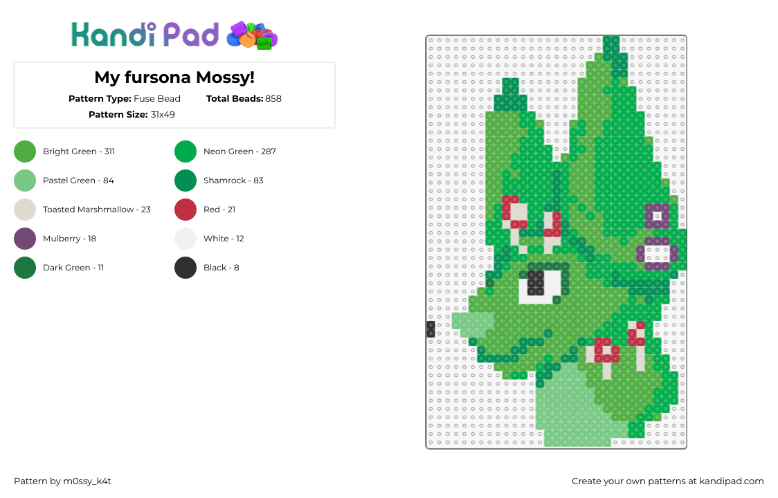 My fursona Mossy! - Fuse Bead Pattern by m0ssy_k4t on Kandi Pad - fursona,furry,community,green