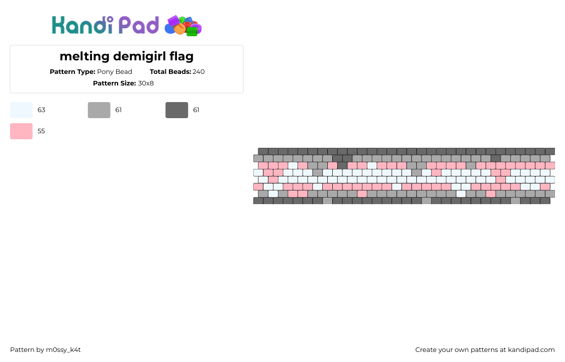 melting demigirl flag - Pony Bead Pattern by m0ssy_k4t on Kandi Pad - demigirl,melting,pride,cuff,gray,pink,white