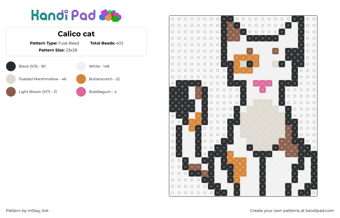 Calico cat - Fuse Bead Pattern by m0ssy_k4t on Kandi Pad - calico,cat,animal,spots,white,tan,orange