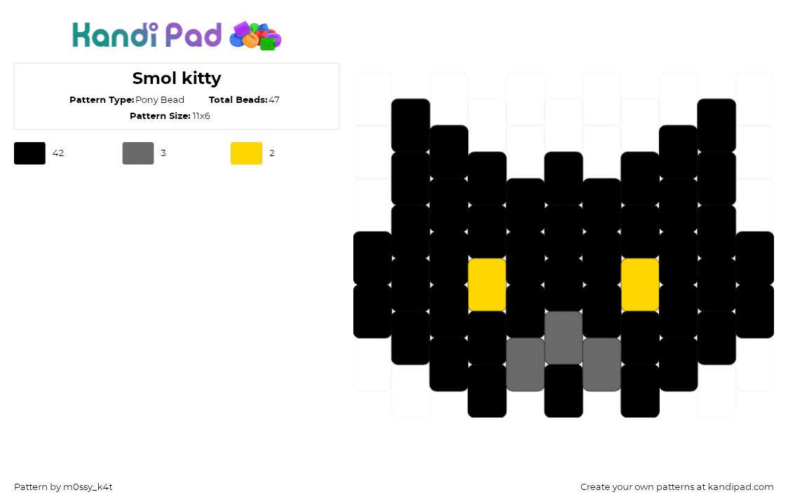 Smol kitty - Pony Bead Pattern by m0ssy_k4t on Kandi Pad - black,gray,yellow