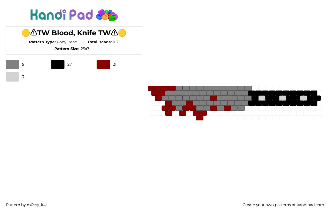 🟡⚠TW Blood, Knife TW⚠🟡 - Pony Bead Pattern by m0ssy_k4t on Kandi Pad - knife,bloody,weapon,horror,charm,halloween,green,black,red