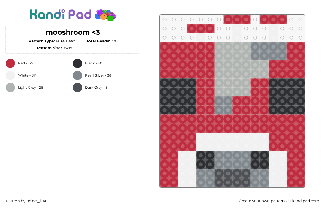 mooshroom - Fuse Bead Pattern by m0ssy_k4t on Kandi Pad - mooshroom,minecraft,cow,video game,block,face,character,red,gray