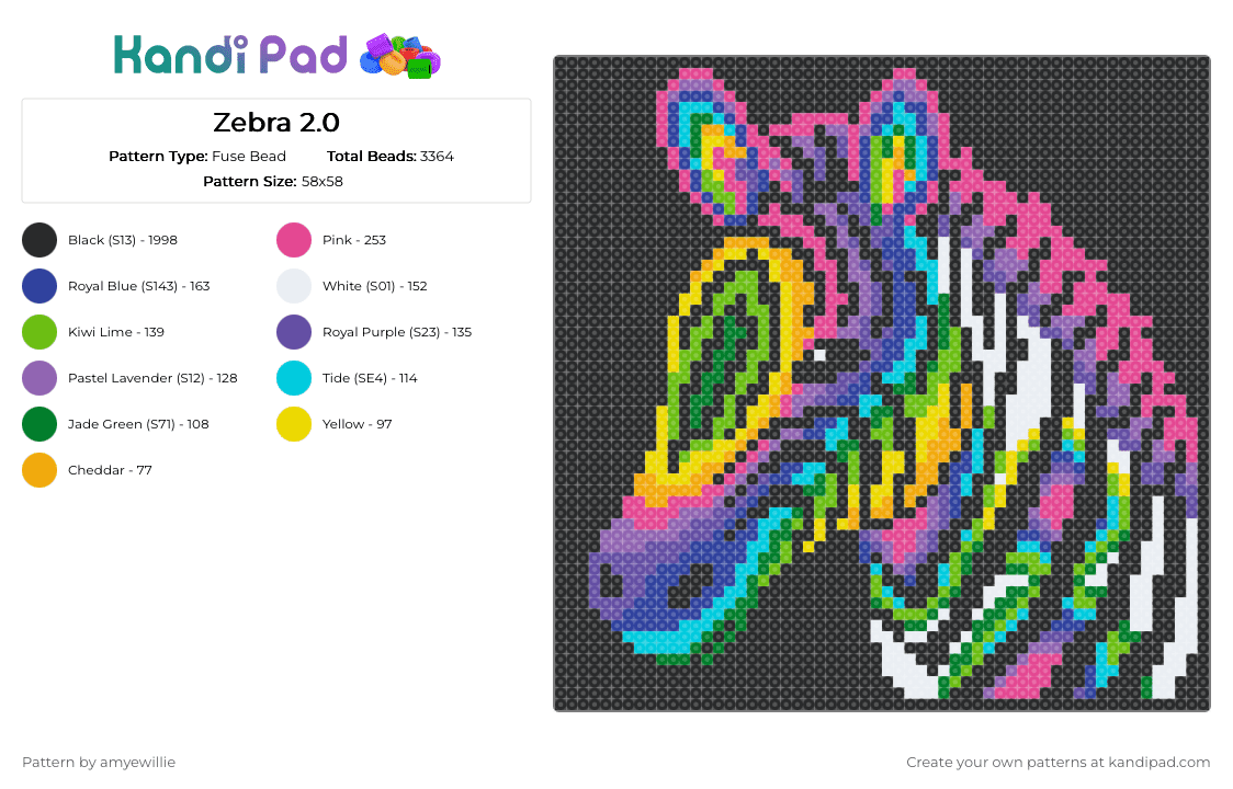 Zebra 2.0 - Fuse Bead Pattern by amyewillie on Kandi Pad - black,green,purple,pink