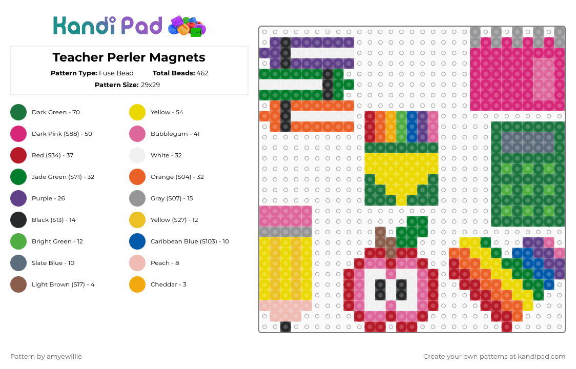 Teacher Perler Magnets - Fuse Bead Pattern by amyewillie on Kandi Pad - yellow,pink,red,green