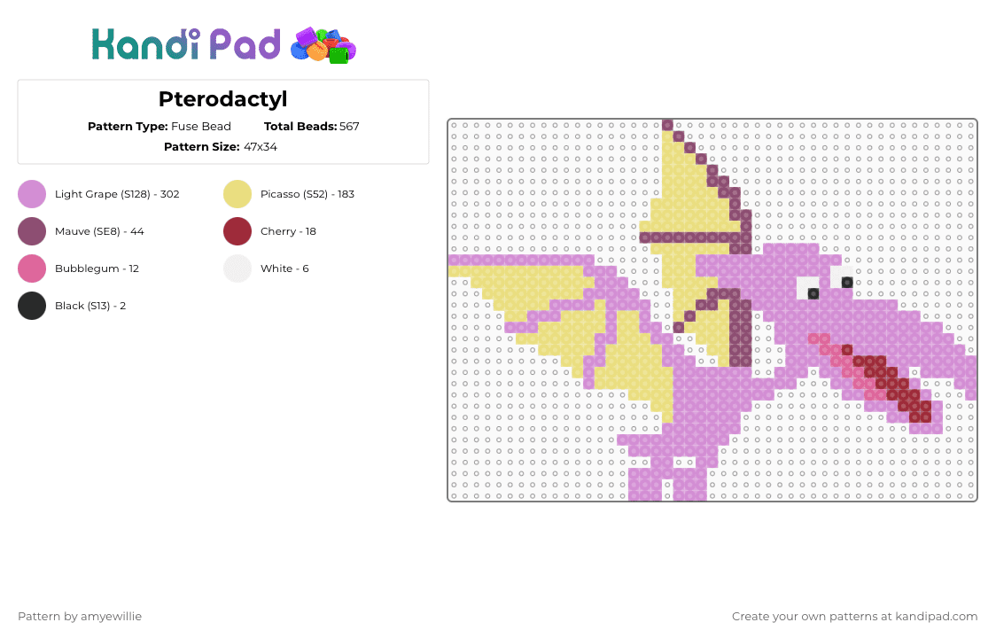 Pterodactyl - Fuse Bead Pattern by amyewillie on Kandi Pad - pink,yellow