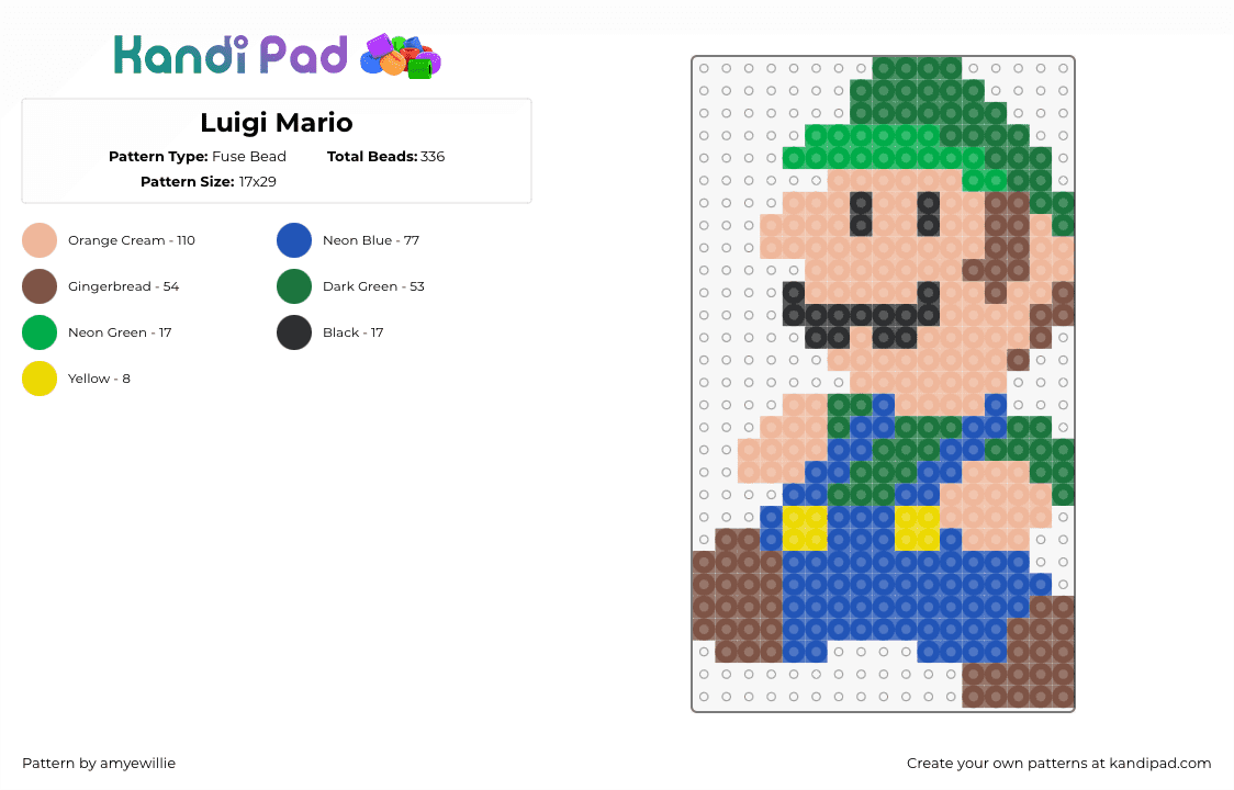 Luigi Mario - Fuse Bead Pattern by amyewillie on Kandi Pad - luigi,mario,character,nintendo,green,blue,tan