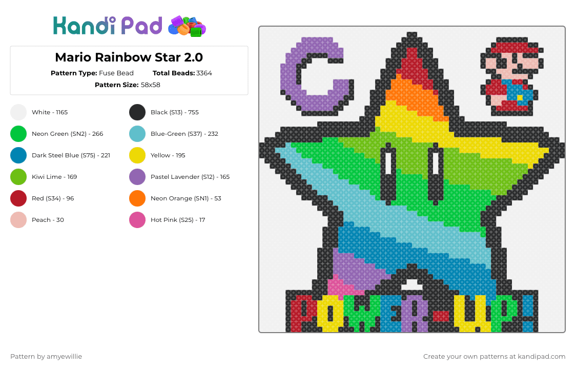 Mario Rainbow Star 2.0 - Fuse Bead Pattern by amyewillie on Kandi Pad - white,green,teal,pink,colorful