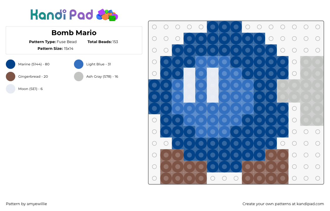 Bomb Mario - Fuse Bead Pattern by amyewillie on Kandi Pad - bobomb,bomb,mario,nintendo,video game,blue,gray,brown