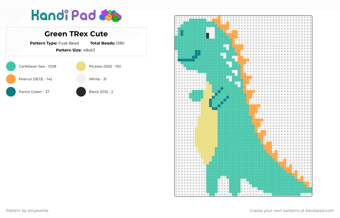 Green TRex Cute - Fuse Bead Pattern by amyewillie on Kandi Pad - teal,dino,dinosaur,trex