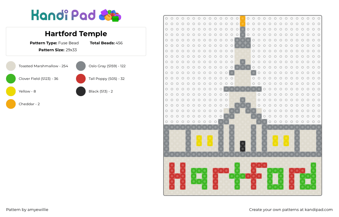 Hartford Temple - Fuse Bead Pattern by amyewillie on Kandi Pad - temple,church,hartford,connecticut,building,religion,beige,gray,red,green