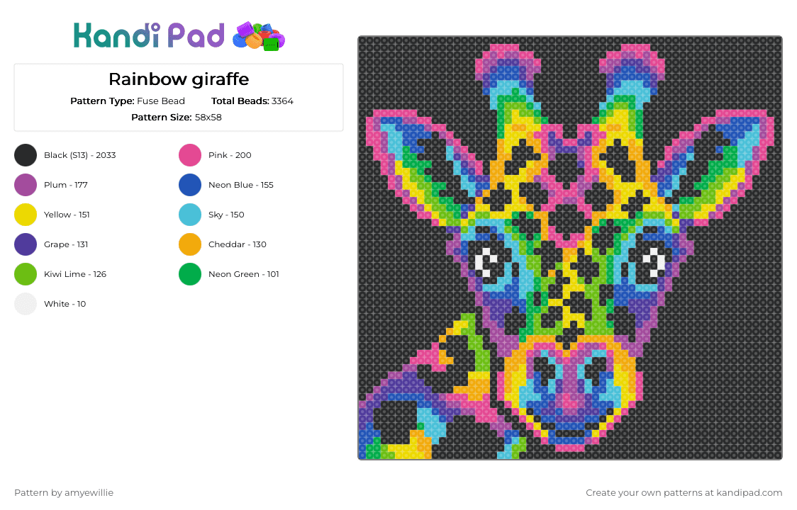 Rainbow giraffe - Fuse Bead Pattern by amyewillie on Kandi Pad - black, green, pink
