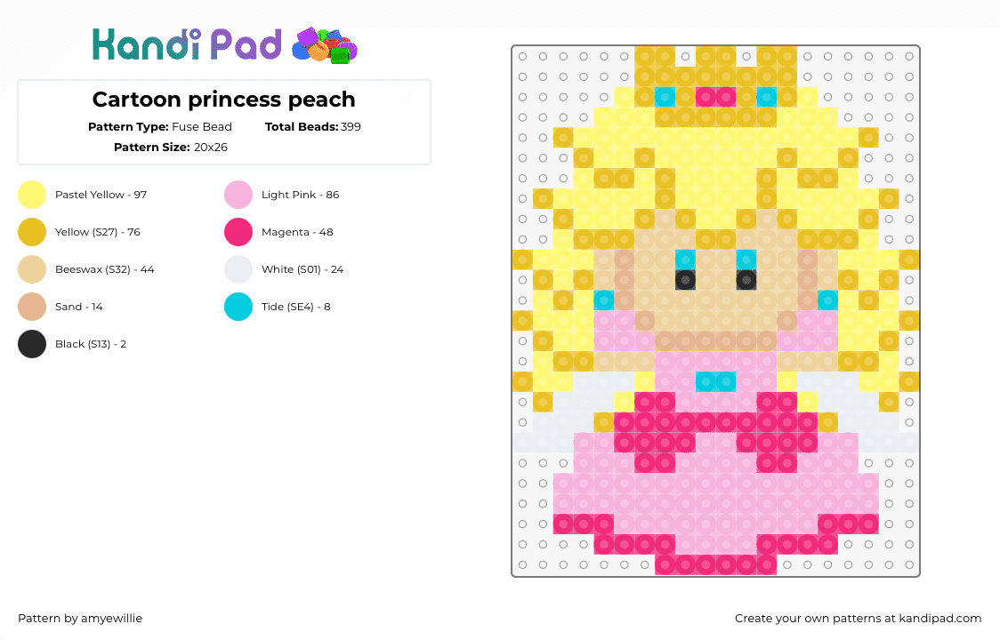 Cartoon princess peach - Fuse Bead Pattern by amyewillie on Kandi Pad - peach,princess,mario,nintendo,chibi,character,blonde,pink,yellow