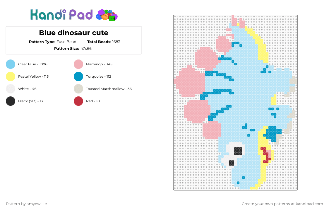 Blue dinosaur cute - Fuse Bead Pattern by amyewillie on Kandi Pad - light blue