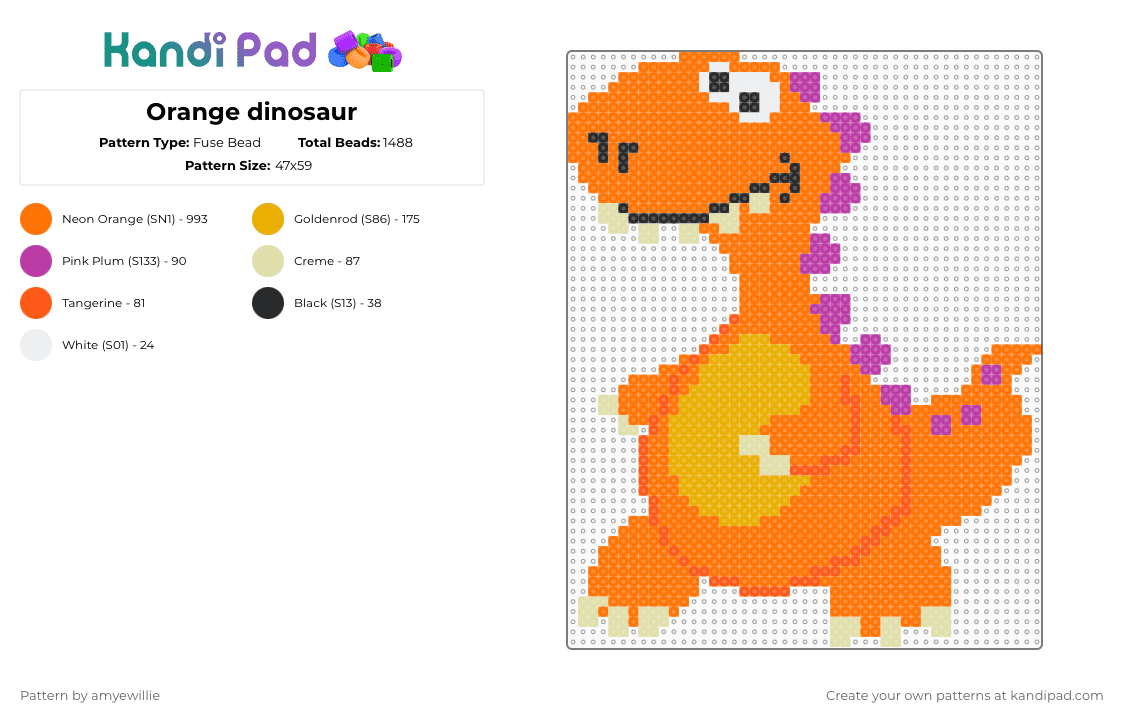 Orange dinosaur - Fuse Bead Pattern by amyewillie on Kandi Pad - dinosaur,derpy,silly,cute,cartoon,animal,reptile,orange