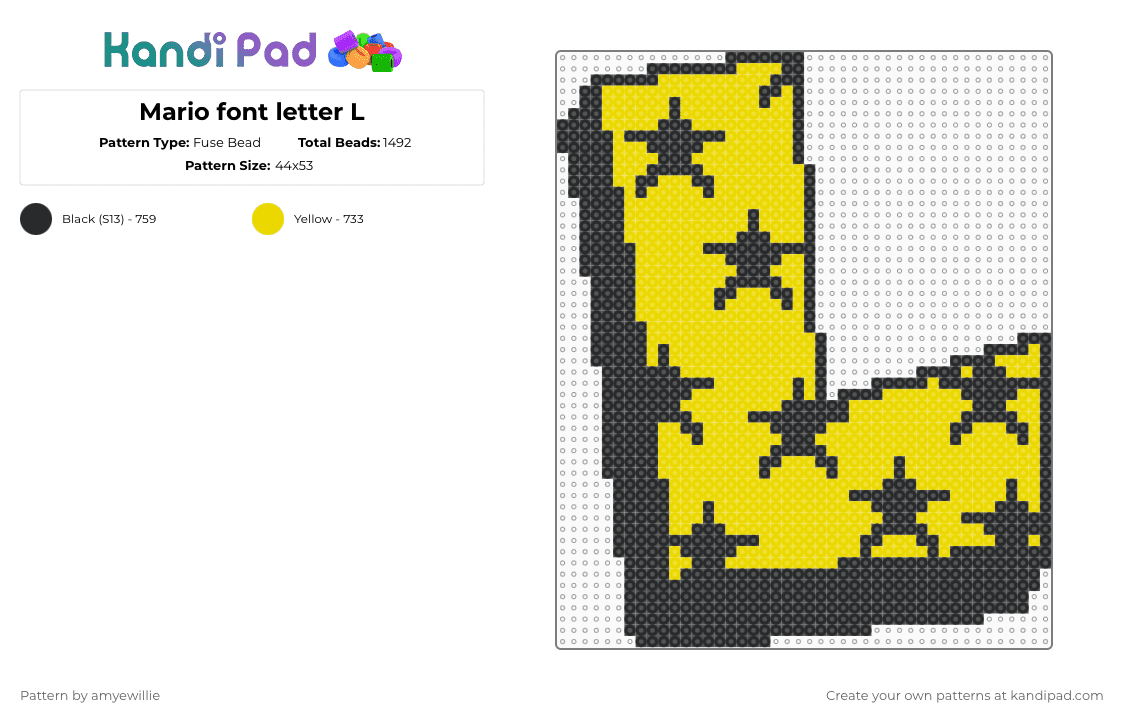 Mario font letter L - Fuse Bead Pattern by amyewillie on Kandi Pad - text,alphabet,mario,nintendo,letter,video game,font,gaming,black,yellow