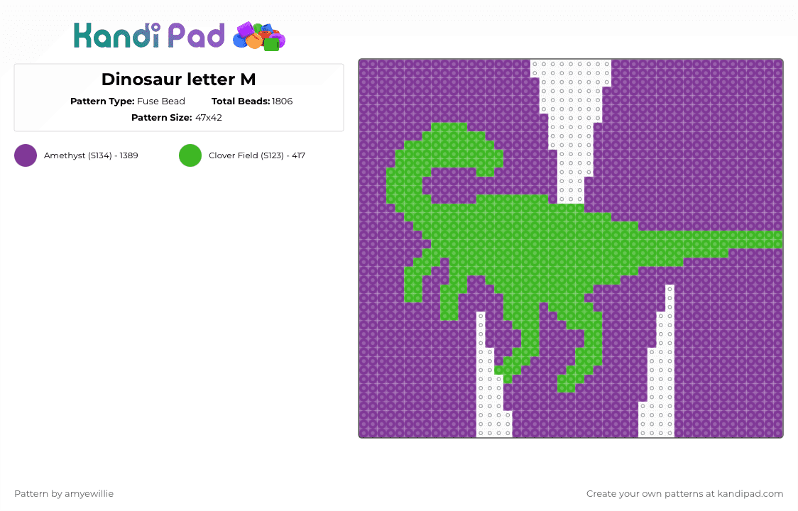 Dinosaur letter M - Fuse Bead Pattern by amyewillie on Kandi Pad - pink
