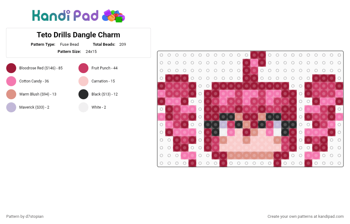 Teto Drills Dangle Charm - Fuse Bead Pattern by d7stopian on Kandi Pad - red,pink,teto,kasane teto,teto kasane,vocaloid,utau,charm