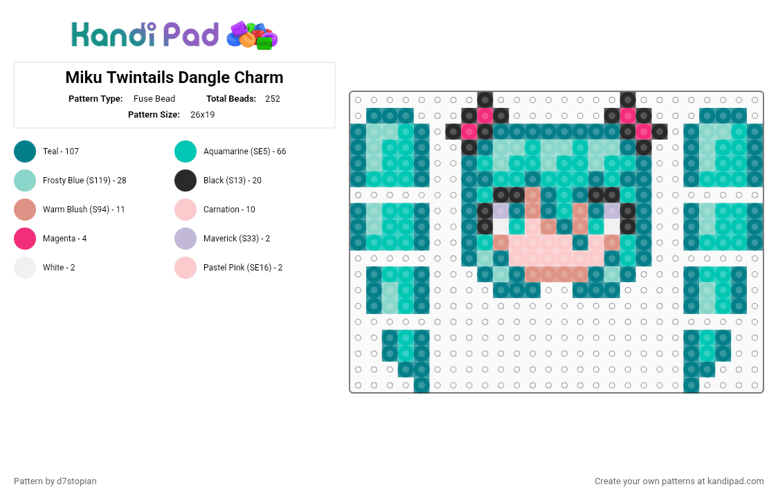 Miku Twintails Dangle Charm - Fuse Bead Pattern by d7stopian on Kandi Pad - teal,miku,hatsune miku,miku hatsune,vocaloid,charm,blue,green