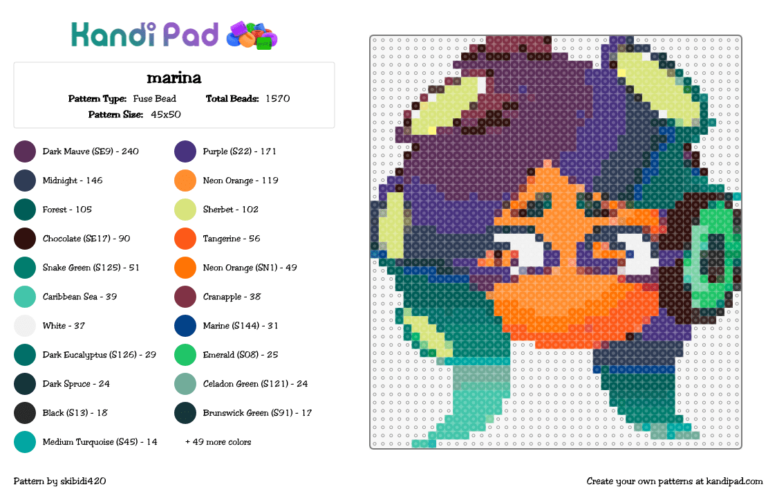 marina - Fuse Bead Pattern by skibidi420 on Kandi Pad - marina,splatoon,character,video game,gradient,green,purple,orange