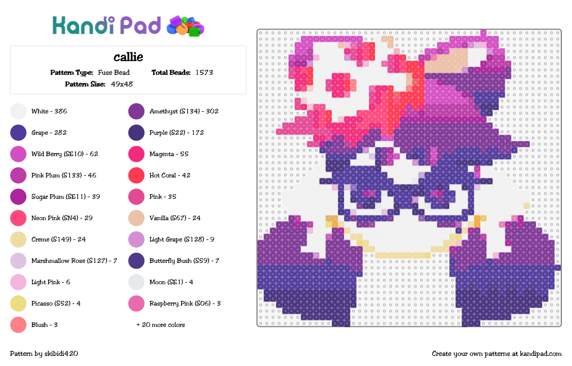 callie - Fuse Bead Pattern by skibidi420 on Kandi Pad - callie,splatoon,character,video game,head,purple,white