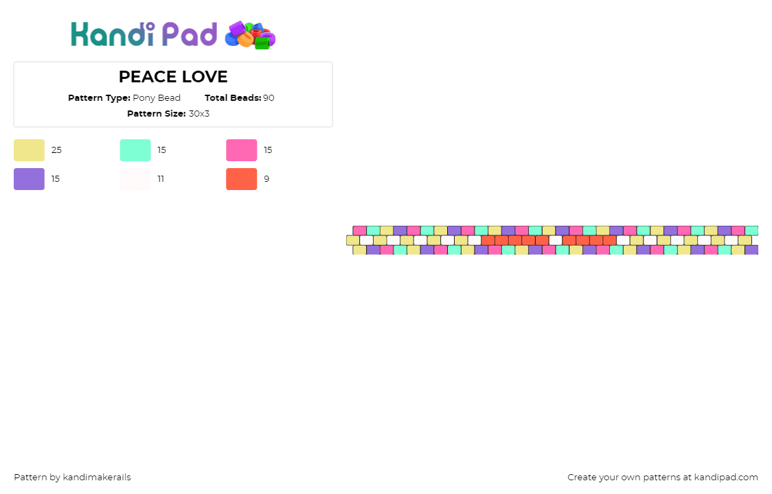 PEACE LOVE - Pony Bead Pattern by kandimakerails on Kandi Pad - random,colorful,plur,bright,bracelet,cuff,pink,purple,teal