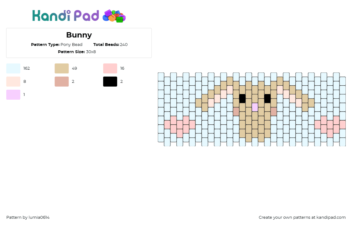 Bunny - Pony Bead Pattern by lumia0614 on Kandi Pad - bunny,rabbit,animal,hearts,cute,pastel,spring,cuff,tan,light blue