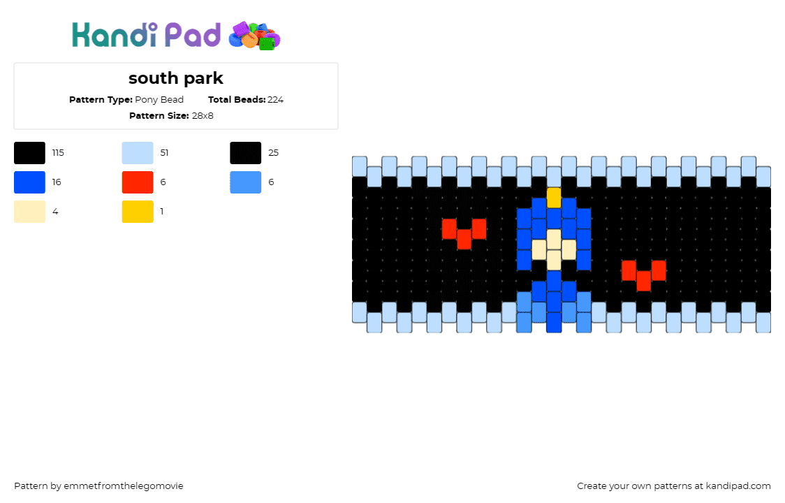 south park - Pony Bead Pattern by emmetfromthelegomovie on Kandi Pad - super craig,south park,character,tv show,animation,cuff,black,blue