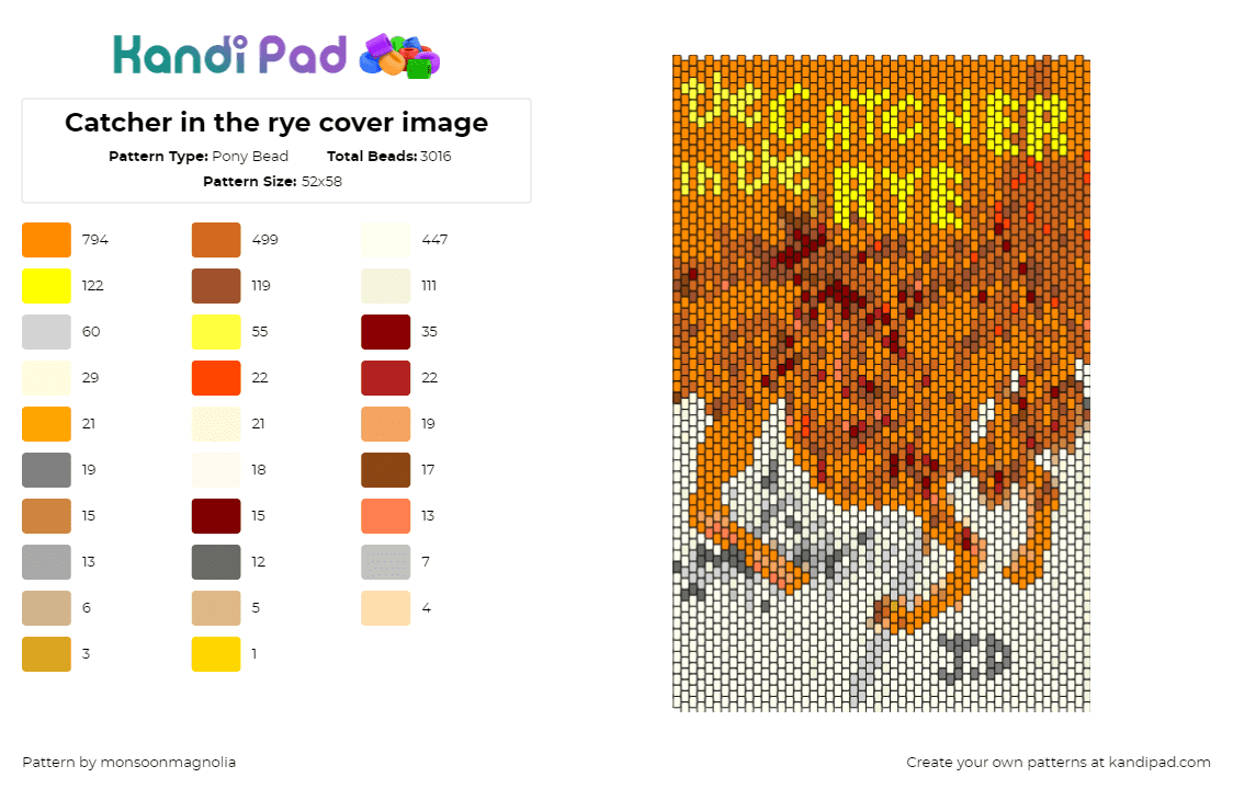 Catcher in the rye cover image - Pony Bead Pattern by monsoonmagnolia on Kandi Pad - catcher in the rye,book,classic,panel,orange,beige