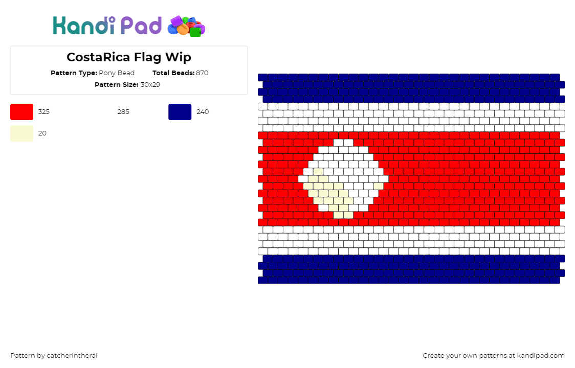 CostaRica Flag Wip - Pony Bead Pattern by catcherintherai on Kandi Pad - costa rica,flag,country,red,white,blue