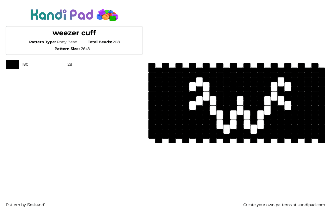 weezer cuff - Pony Bead Pattern by l3osk4nd1 on Kandi Pad - weezer,logo,band,music,cuff,black,white