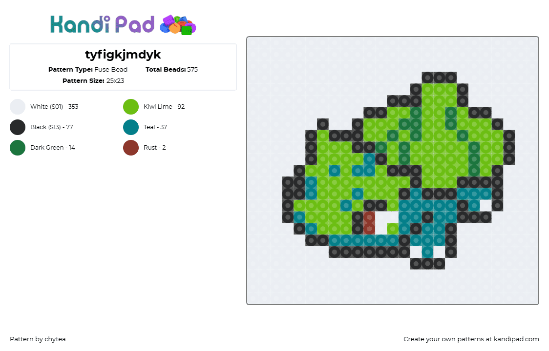 tyfigkjmdyk - Fuse Bead Pattern by chytea on Kandi Pad - bulbasaur,pokemon,starter,gaming,character,green,teal