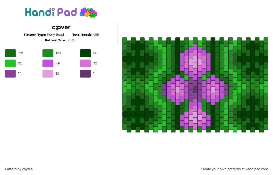 c;pver - Pony Bead Pattern by chytea on Kandi Pad - clubs,cards,clover,suit,glow,neon,cuff,gaming,purple,pink,green