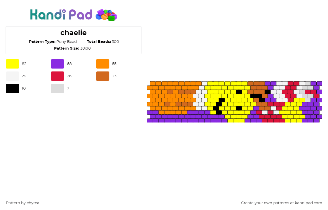 chaelie - Pony Bead Pattern by chytea on Kandi Pad - charlie,smiling friends,tv show,cuff,cartoon,orange,yellow,purple