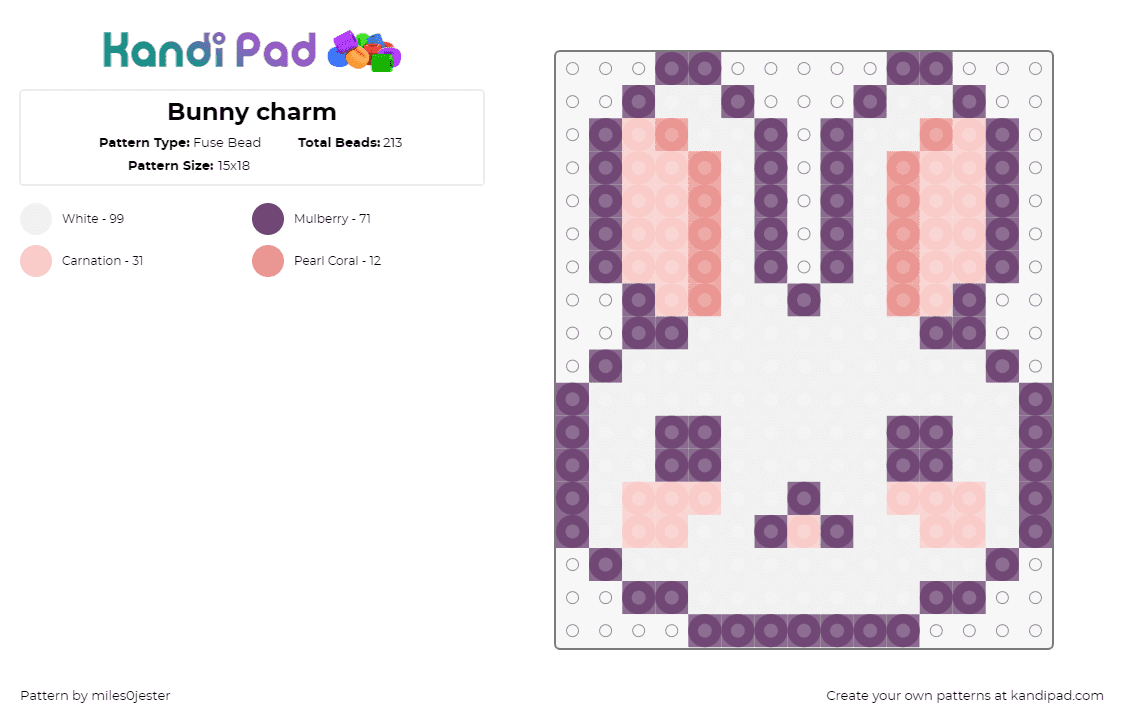 Bunny charm - Fuse Bead Pattern by miles0jester on Kandi Pad - bunny,rabbit,animal,cute,head,white,pink,purple