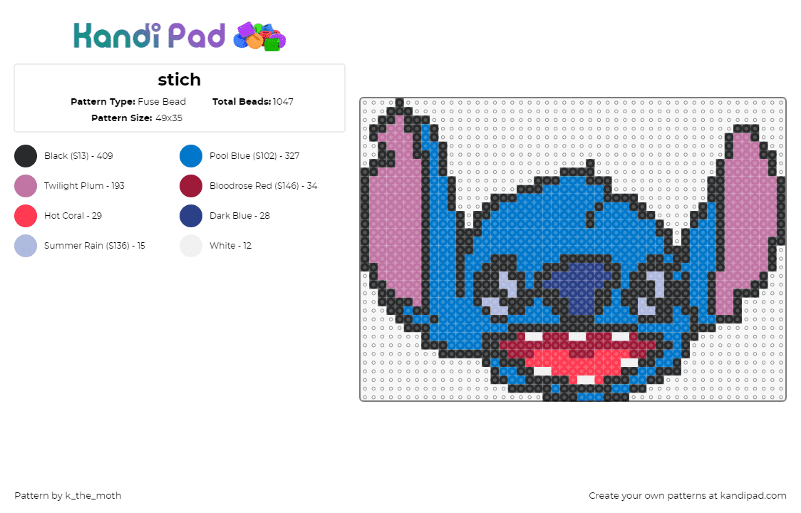 stich - Fuse Bead Pattern by k_the_moth on Kandi Pad - stitch,lilo and stitch,character,head,disney,movie,ears,smile,blue,pink