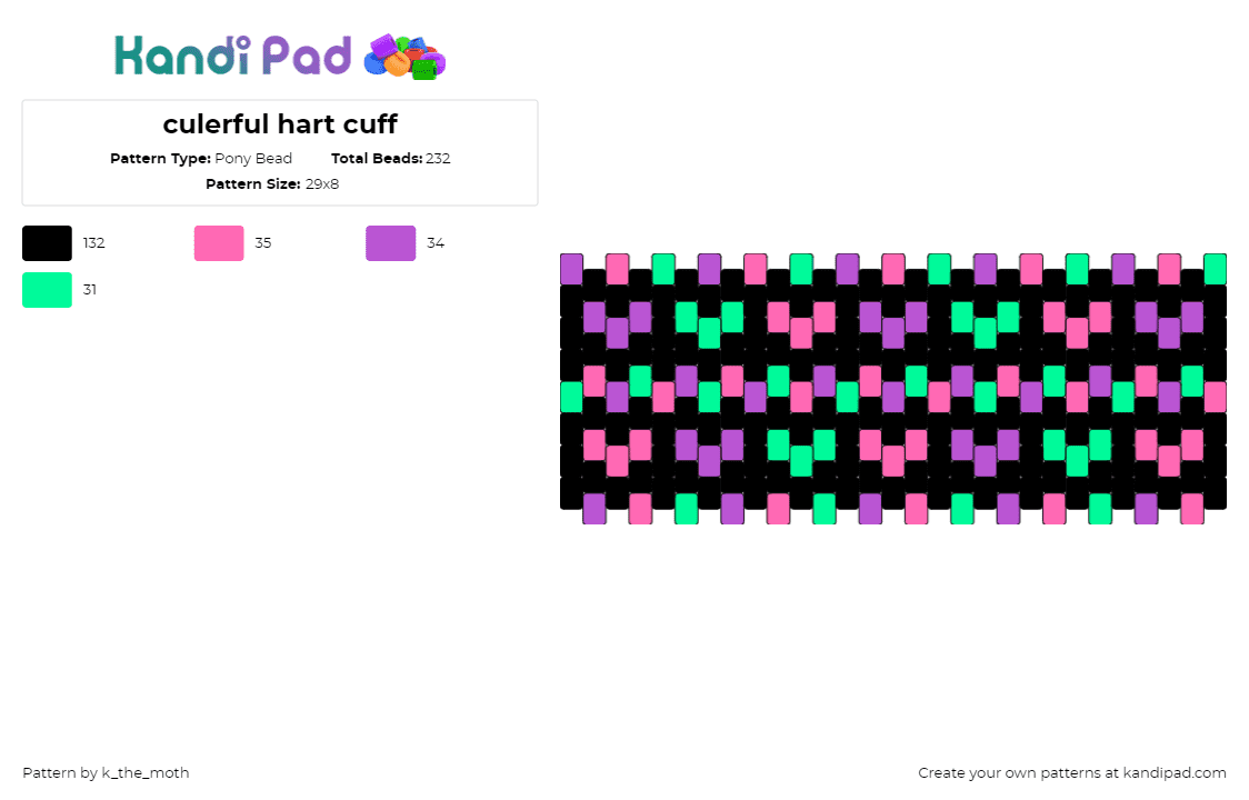 culerful hart cuff - Pony Bead Pattern by k_the_moth on Kandi Pad - neon,hearts,cuff,repeating,love,dark,pastel,green,pink,black