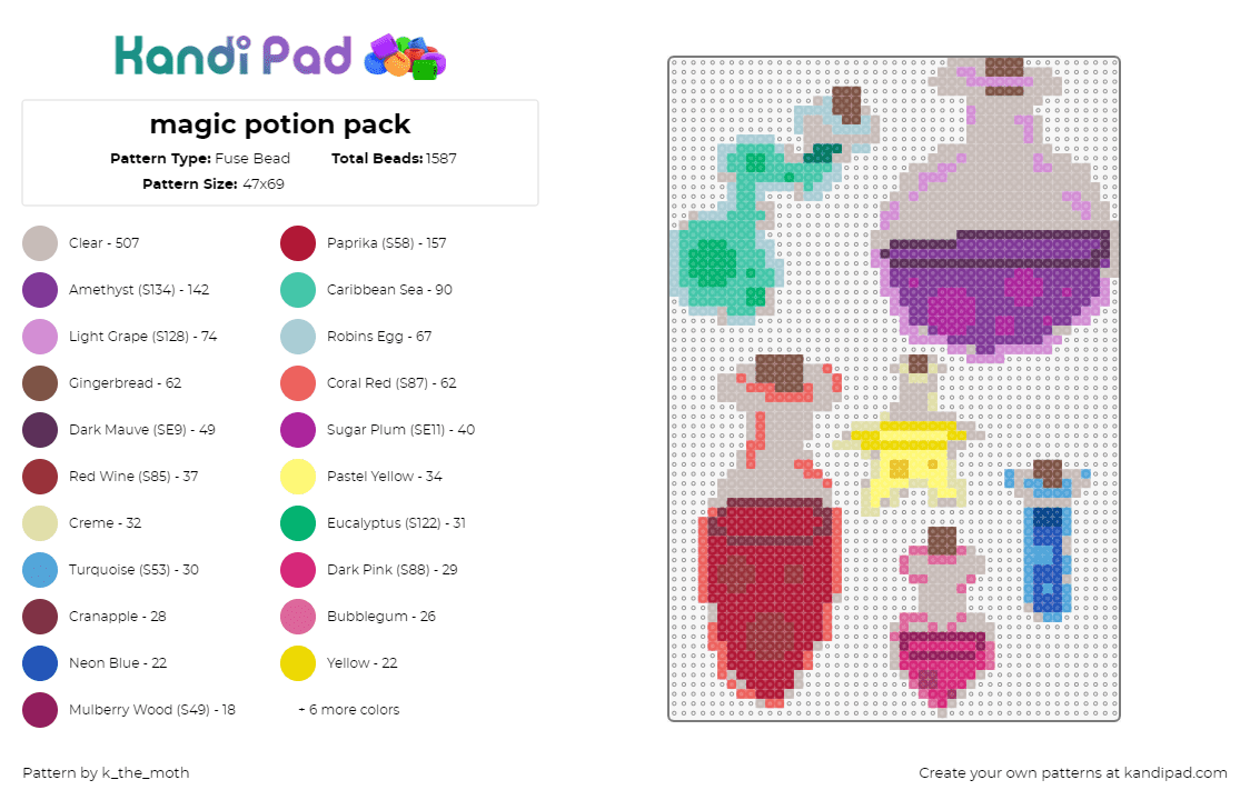 magic potion pack - Fuse Bead Pattern by k_the_moth on Kandi Pad - potions,magic,vials,jars,cork,colorful,purple,green,red,yellow