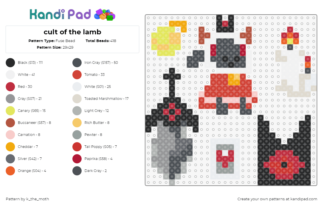 cult of the lamb - Fuse Bead Pattern by k_the_moth on Kandi Pad - cult of the lamb,candle,video game,charms,gray,black,red