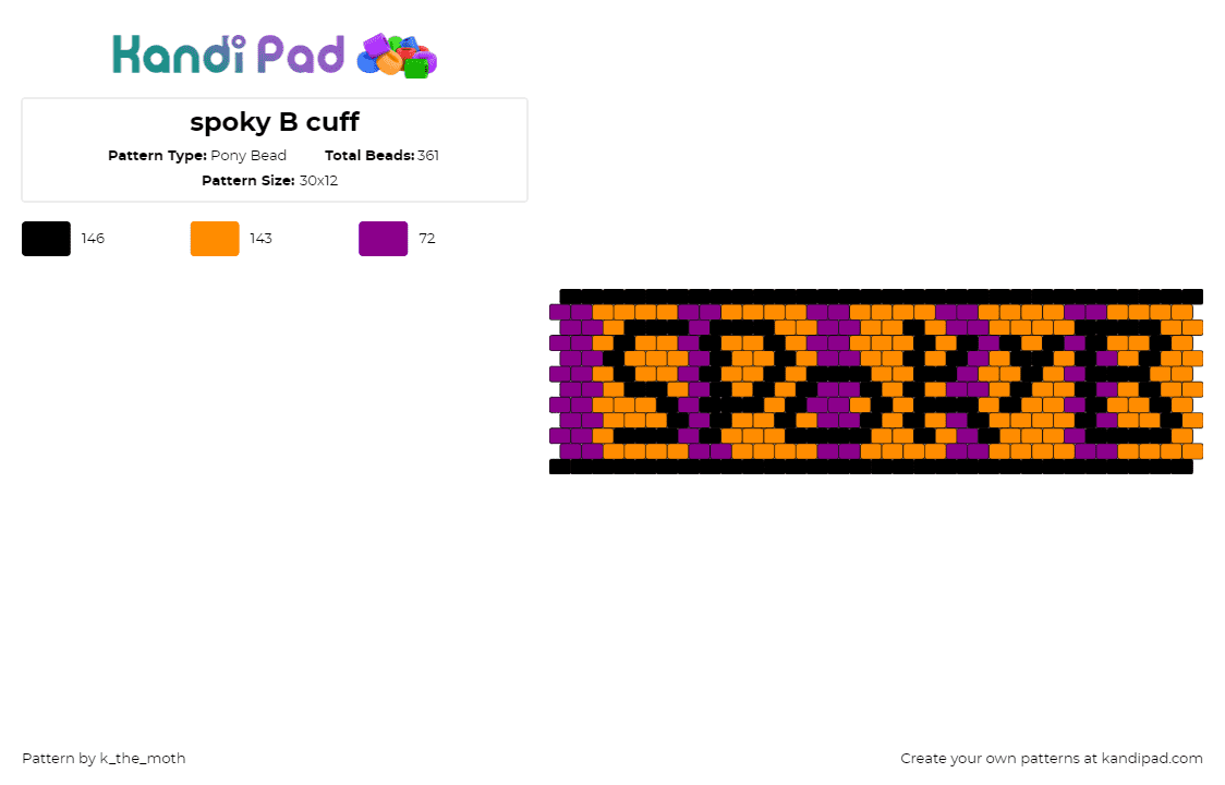 spoky B cuff - Pony Bead Pattern by k_the_moth on Kandi Pad - text,spooky,stripes,cuff,orange,purple