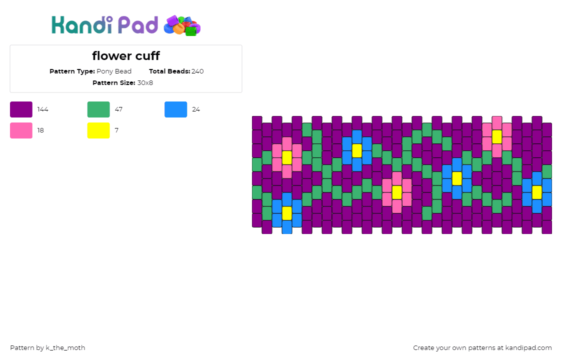 flower cuff - Pony Bead Pattern by k_the_moth on Kandi Pad - flowers,vine,colorful,spring,cuff,blue,pink,purple,green