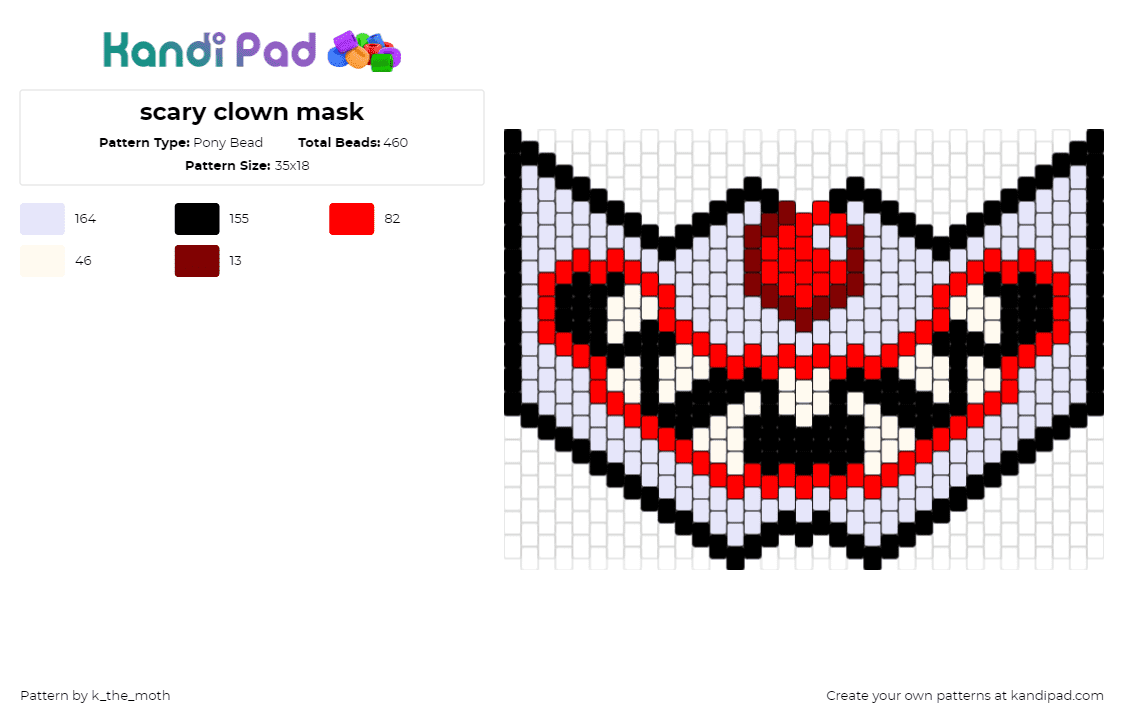 scary clown mask - Pony Bead Pattern by k_the_moth on Kandi Pad - clown,teeth,scary,halloween,spooky,mask,white,red