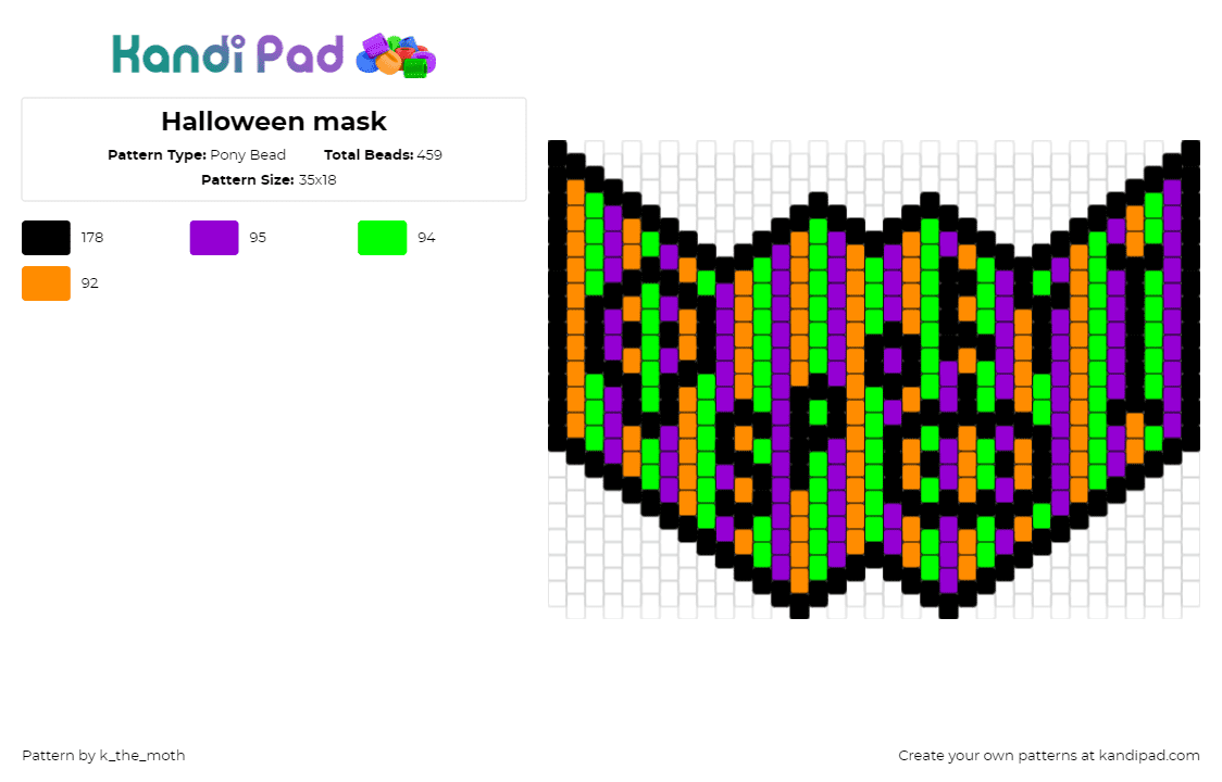 Halloween mask - Pony Bead Pattern by k_the_moth on Kandi Pad - spooky,vertical,stripes,mask,halloween,orange,purple,green