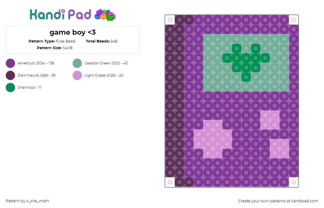 game boy - Fuse Bead Pattern by k_the_moth on Kandi Pad - gameboy,nintendo,console,video game,retro,purple,green