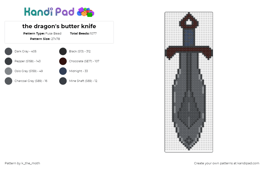 the dragon\'s butter knife - Fuse Bead Pattern by k_the_moth on Kandi Pad - sword,knife,weapon,fantasy,gray