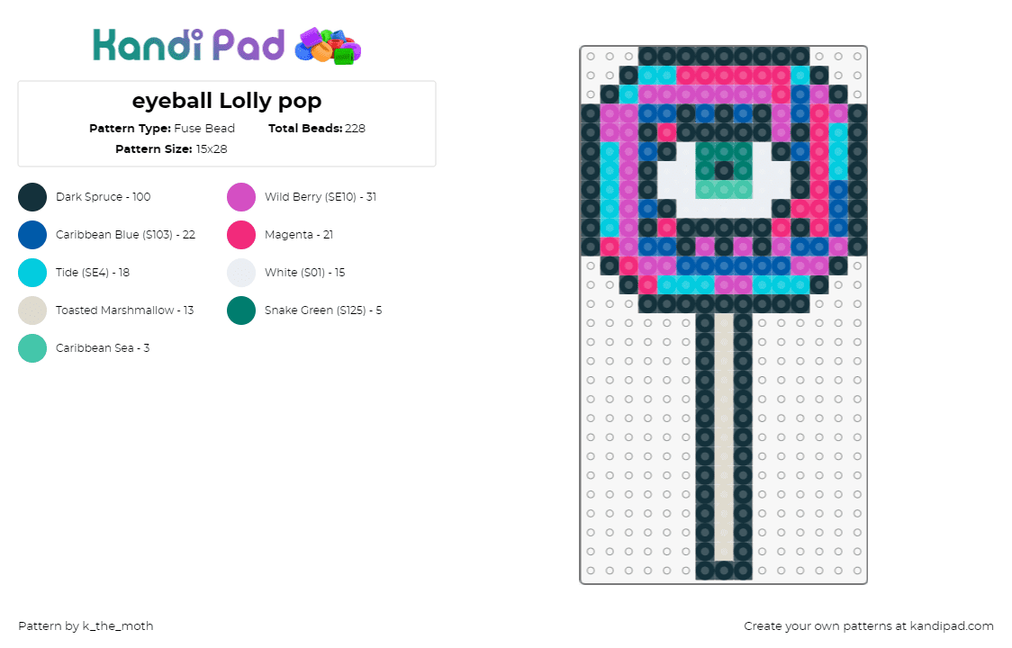 eyeball Lolly pop - Fuse Bead Pattern by k_the_moth on Kandi Pad - lollipop,sucker,eye,spooky,candy,halloween,pink,gray,light blue