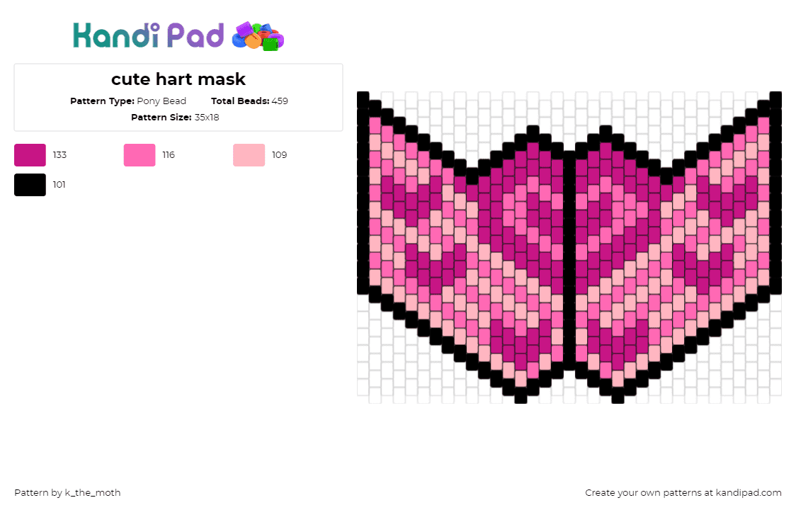 cute hart mask - Pony Bead Pattern by k_the_moth on Kandi Pad - hearts,valentine,love,mask,pink