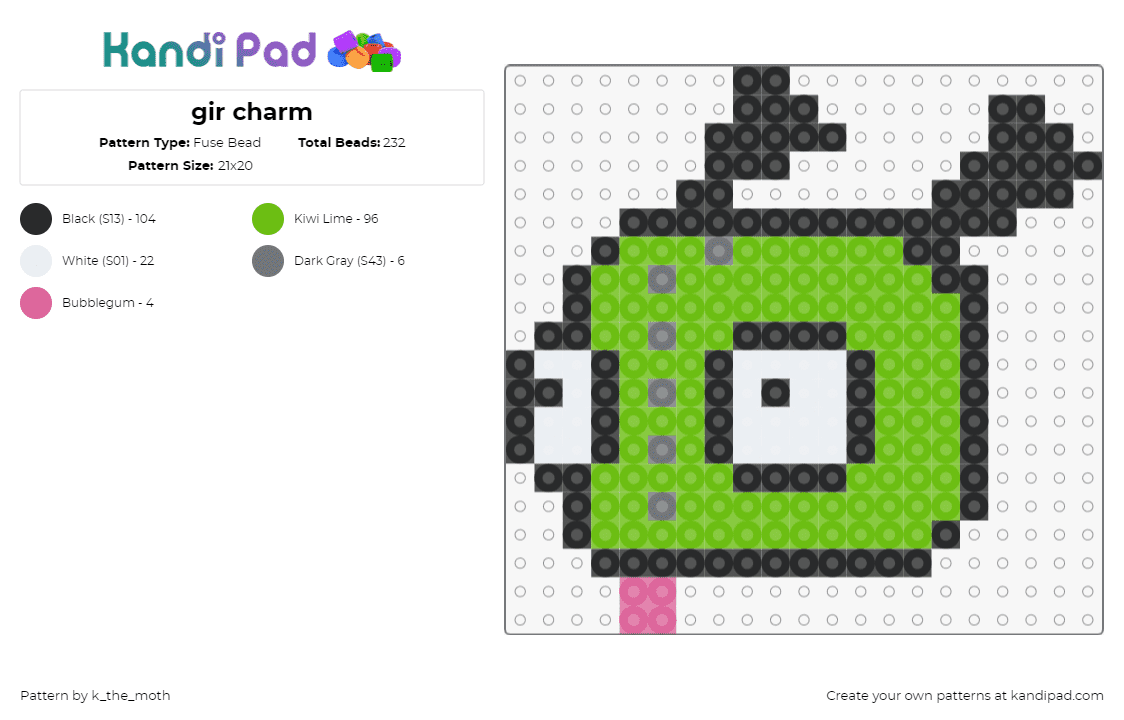 gir charm - Fuse Bead Pattern by k_the_moth on Kandi Pad - gir,invader zim,derpy,character,cartoon,tv show,head,green,black