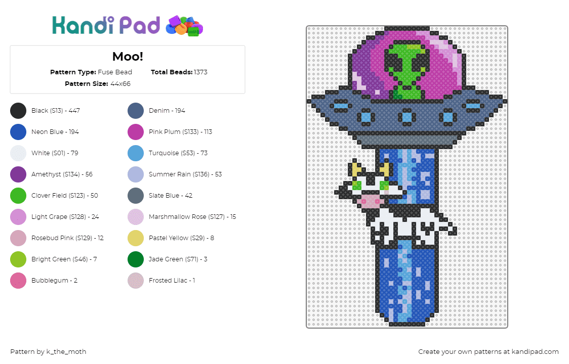 Moo! - Fuse Bead Pattern by k_the_moth on Kandi Pad - ufo,cow,alien,abduction,animal,extraterrestrial,space ship,tractor beam,blue,pink,green