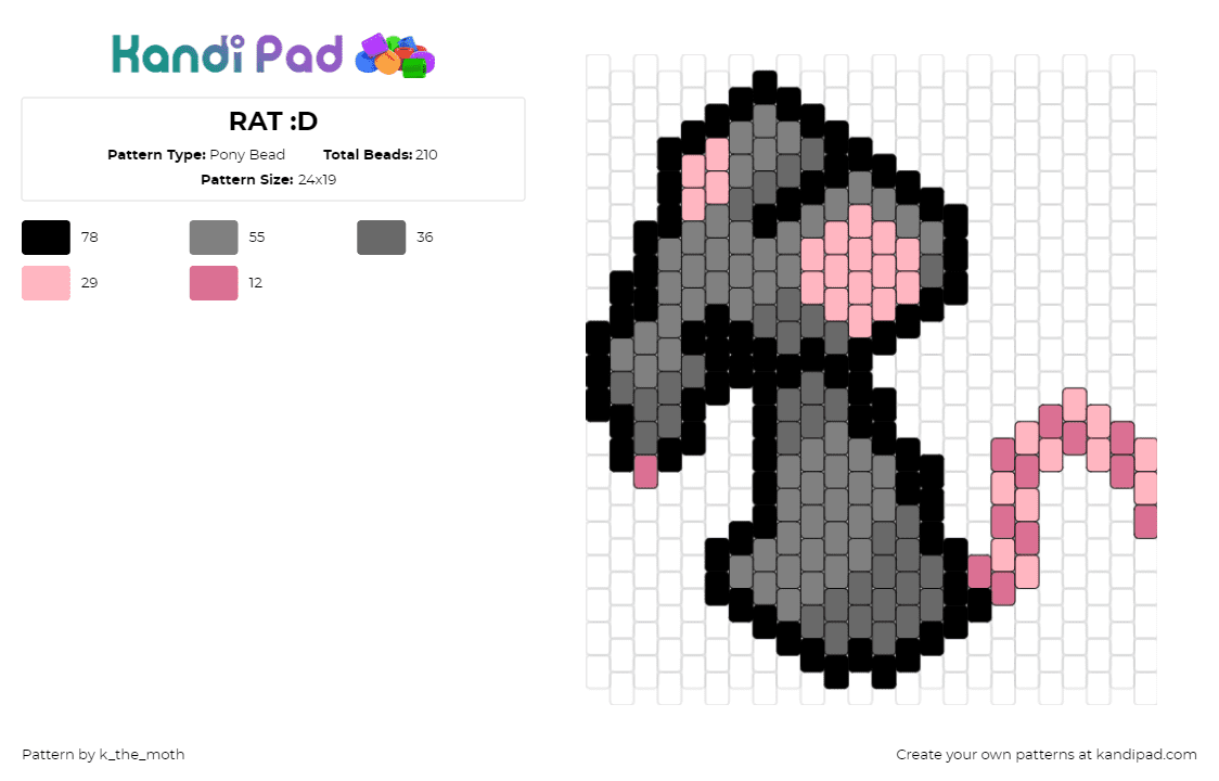 RAT :D - Pony Bead Pattern by k_the_moth on Kandi Pad - rat,mouse,animal,gray,pink